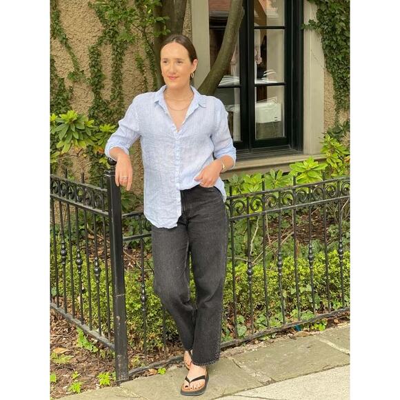 CP Shades Linen Pinstripe Romy Button Down Shirt Top Blue White Size Medium - Picture 1 of 8